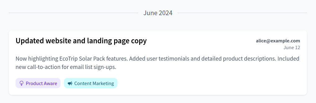 A specific log entry in TractionRoad's Marketing Log